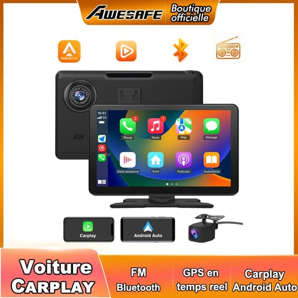 AWESAFE 9" HD Skärm Autoradio Carplay Bilkamera 4K+1080P Dubbelkamera Dashcam med 64Go SD-kort Android Auto Carplay trådlöst