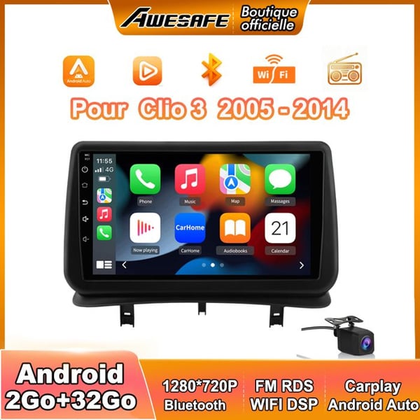 AWESAFE Autoradio Android 13 för Renault Clio 3 (2005-2014) 2Go+32Go med 9'' Touchskärm Carplay Android Auto Backkamera