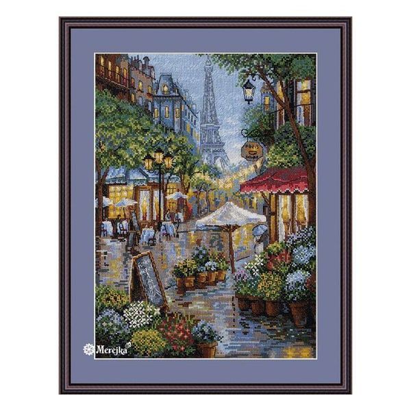 Merejka Kit korsstygn "Paris under regnet" — 21 x 29 cm (Aida 16ct, 29 färger)