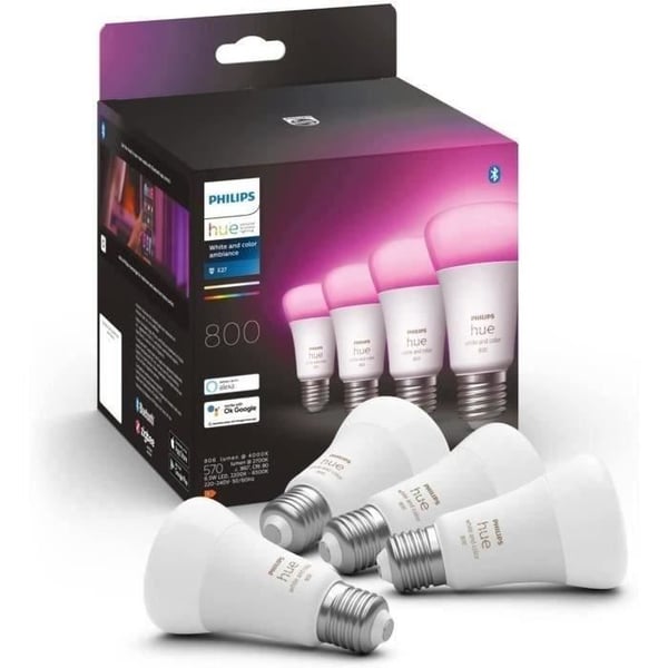 Philips Hue White & Colour Ambiance, E27-ansluten LED-lampa, 60W ekvivalent, 800 lumen, Pack of 4, Bluetooth-kompatibel