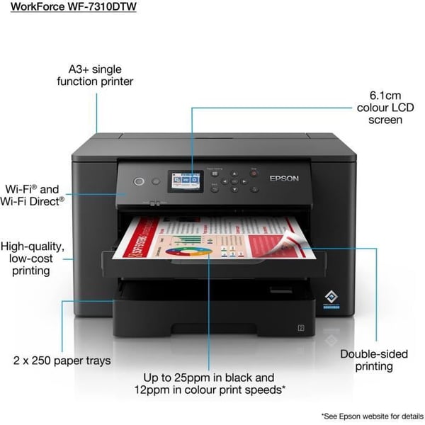 Monofunktionsprinter - EPSON WF -7310DTW - Inkjet - A3 - Farve - Wi -Fi