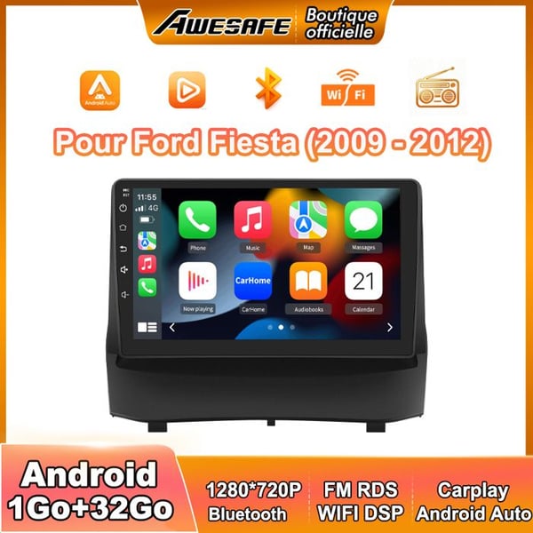 AWESAFE Autoradio Android 13 för Ford Fiesta (2009-2012) 1Go+32Go med 9'' pekskärm Carplay Android Auto GPS Bluetooth FM