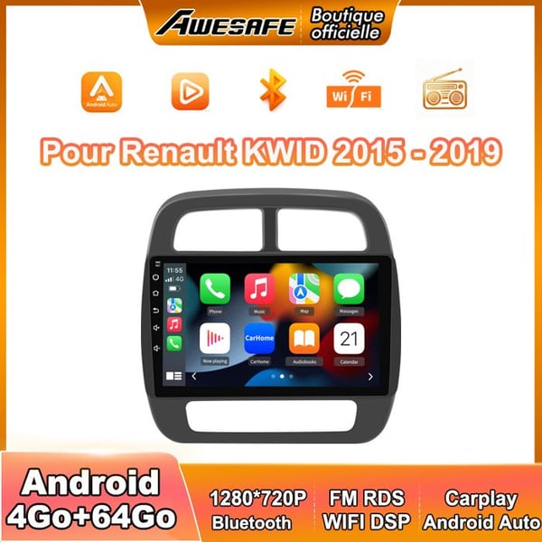 AWESAFE Bilradio Android 13 4Go+64Go för Renault KWID (2015-2019) 10'' Pekskärm Carplay GPS Android Auto