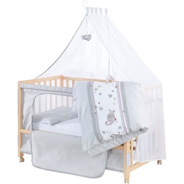 ROBA Lit Cododo Complet "Jumbo twins gris" 60x120 cm med 4 bromsvagnar - Naturligt trä - Elefantmönster ROBA Lit Cododo Complet "Jumbo twins gris" 60x120 cm med 4 bromsvagnar - Naturligt trä - Elefantmönster