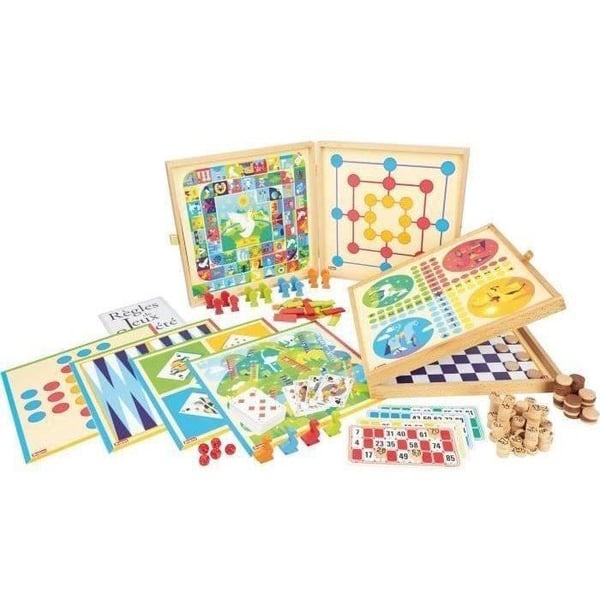 JEUJURA Box med klassiska spel - 150 regler - Träbönder