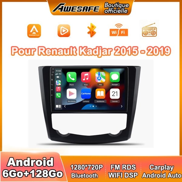 AWESAFE Android 13 Bilstereo 6Go+128Go för Renault Kadjar (2015-2019) 9'' Skärm med Carplay GPS Bluetooth Android Auto RDS WiFi