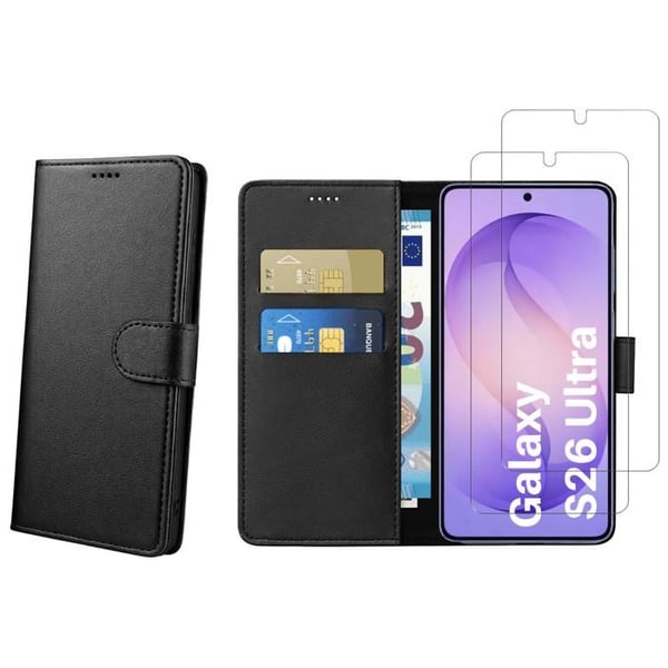 Fodral för Samsung Galaxy S26 ULTRA och 2 Härdat Glas - Svart Plånbok med Magnetisk Lock och Kortfack Phonillico®