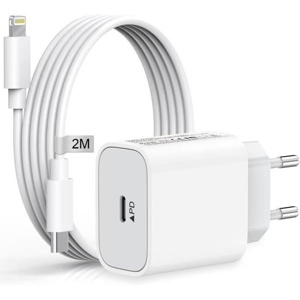 Laddare för iPhone 14/14 Pro /14 Pro Max /14 Plus /13 12 11 SE X XS XR, 20W USB C Fast Plug och 2M väggströmkabel, vit
