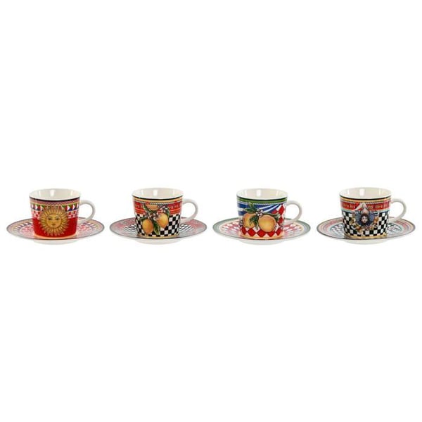 Set med koppar och tallrikar i porslin - Home ESPRIT - 4-pack - Multi-färgad - 12,5 x 12,5 x 1,5 cm - Gul
