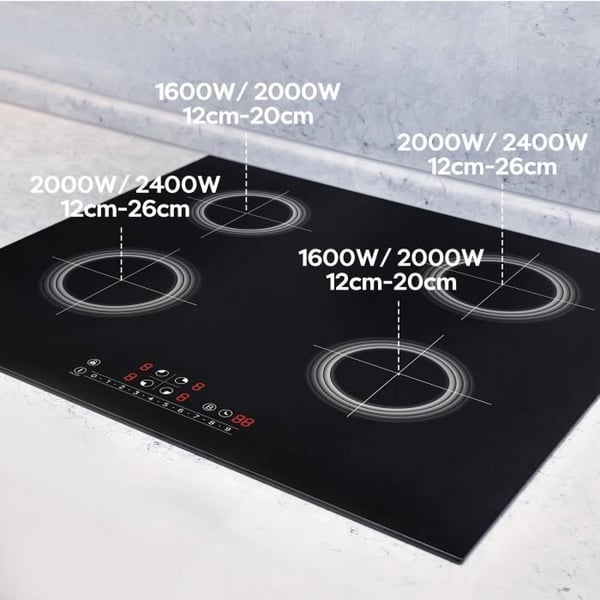 CIARRA Plattinduktion 4 Foyers - 7200W - 4 Boosters - Timer - Automatisk stopp - Barnsäkerhet - L 59 * P 52 - CD4BBIH