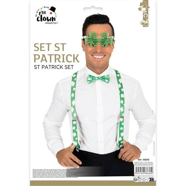 Pack med hängslen, fluga och glasögon St Patrick - PTIT CLOWN - Grön & Vit - 3 delar