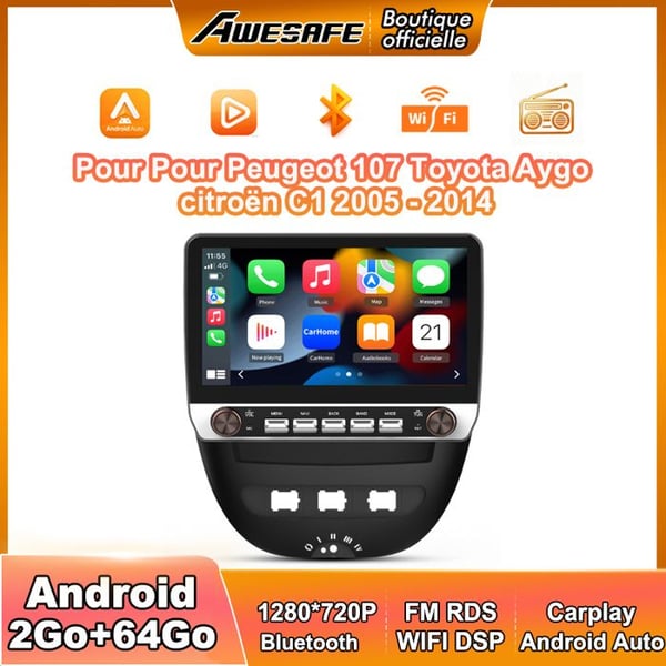 AWESAFE Autoradio Android 13 för Peugeot 107 Toyota Aygo Citroen C1 2Go+64Go 10'' Skärm med knappar Carplay Android Auto