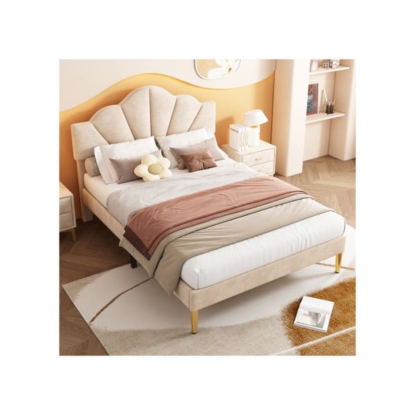 Polstred säng - 140x190 cm - Justerbar sänggavel - Beige sammet - Träribbsängbotten