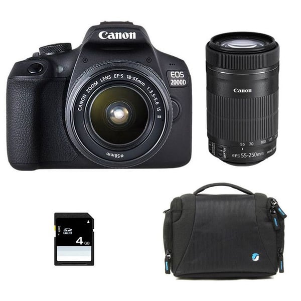 Canon systemkamera eos 2000d + 18-55 is II + 55-250 is + väska + sd 4go