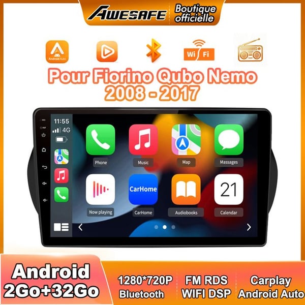 AWESAFE Autoradio Android 13 för Fiorino Qubo Nemo (2008-2017) 2Go+32Go 9'' pekskärm Bluetooth Carplay Android Auto GPS WiFi