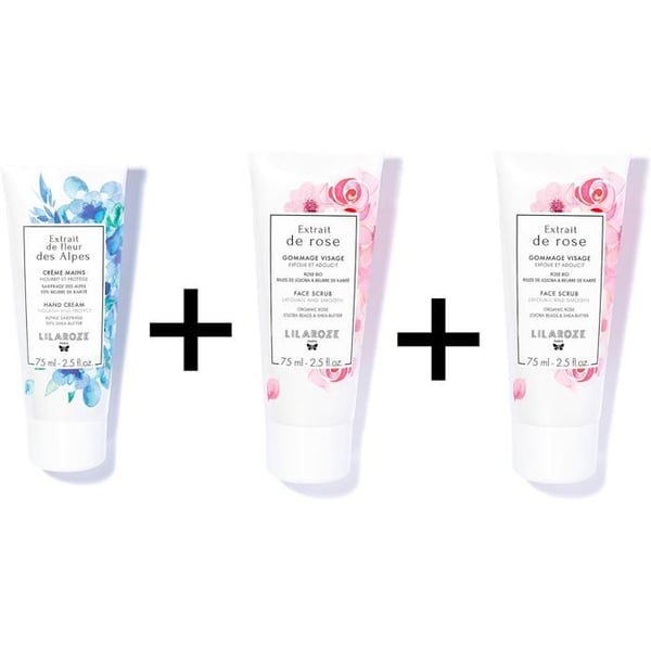 Lilaroze Paris Pack Ansiktsmask av Ros Vattnar och Tonar Ansiktsskrubb Ros Exfolierar och Mjukgör Handkräm Extrakt av Blomma