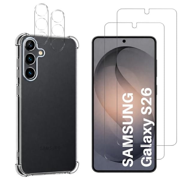 Stötsäker skal för Samsung Galaxy S26 och 2 härdade glas för skärmen och 2 kameraskydd Phonillico®