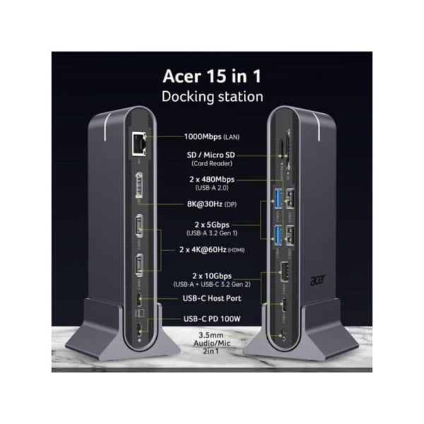 Acer Universell Dockningsstation Type-C 15-i-1 Grå med 8K Videoutgång