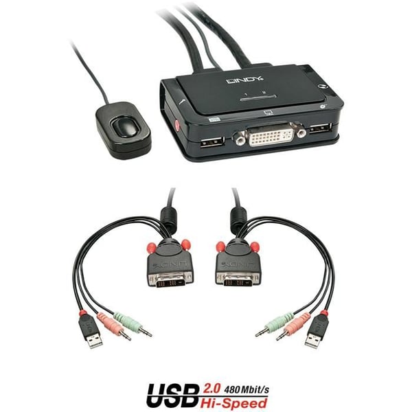 2-portars KVM DVI USB-ljudswitch - LINDY - Skärm-tangentbord-mus/ljud/USB-switch - Svart