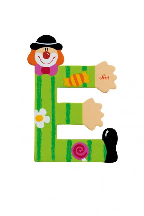 Dekorativ bokstav - SEVI - E (clown) - Trä - Höjd 10 cm - Dubbelhäftande tejp
