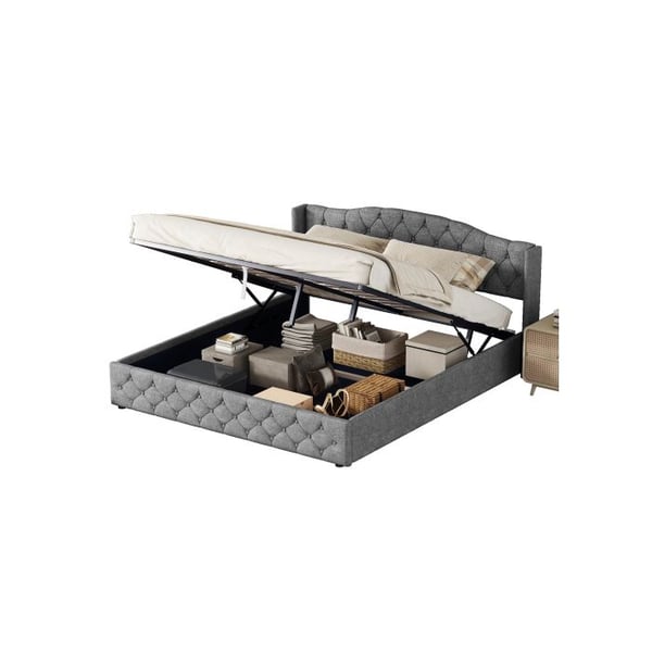 Lys multifunktionel seng - MUVOE - 180 x 200 cm - Grå - Hydraulisk støtte - 2 pladser