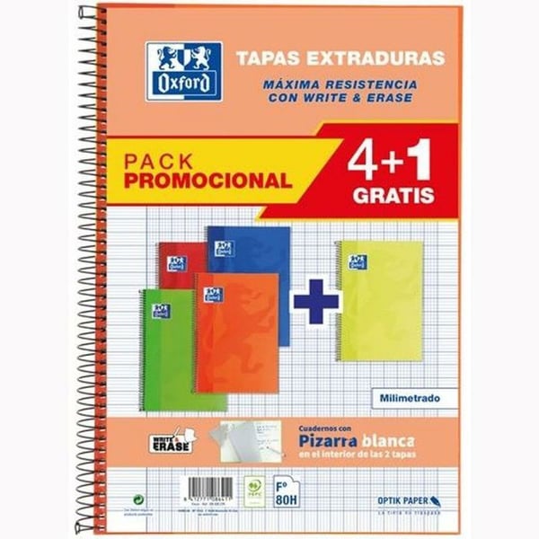 Oxford Folio Notebook Spiral bunden 215 x 310 mm 80 ark - 160 kvadratiska sidor blandade färger (5-pack)