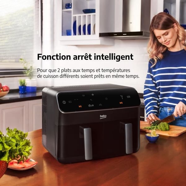 Multifunktionel luftfriture - BEKO - FRL5388B - 2400 W - 8,5 L til 2 kg pomfritter - 2 kar - (2x 4,5 L) - Sort