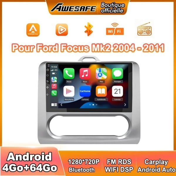 AWESAFE Autoradio Android 13 för Ford Focus Mk2 (2004-2011) 4Go+64Go med 9'' pekskärm Carplay Android Auto GPS Bluetooth