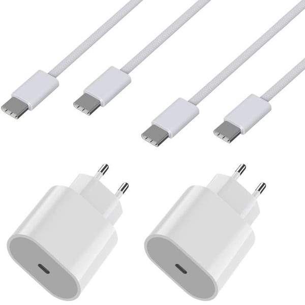 Lot 2 Snabbladdare 20W + 2 USB-C till USB-C kablar 2 meter för iPhone 16 / 16 PLUS / 16 PRO / 16 PRO MAX Phonillico®