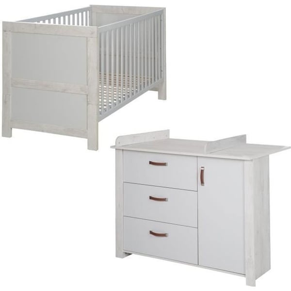 Chambre Bébé Duo Mila - ROBA - Säng 70x140 cm + Skötbord - Ljusgrå - Vitlaserad ek