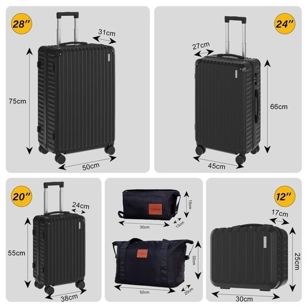 Set med 6 Resväskor, väska 75cm/66cm/55cm/30cm + Fällbar Resväska med Sminkväska Svart