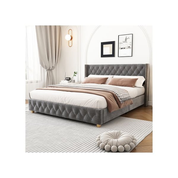 Seng - MUVOE - 140x190 cm - Grå velour - Bunden med lameller - 2 personer