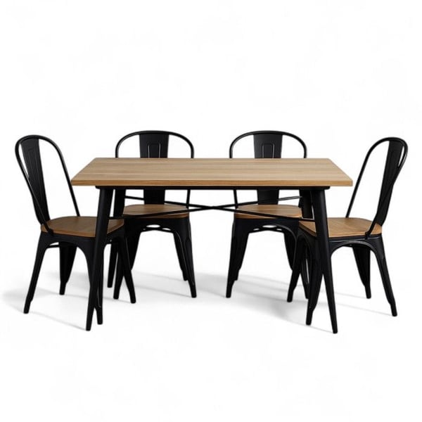 Ensemble Bord och Stolar Industristil, Mörk Matt Metall och Ljust Naturligt Trä, 120x80cm - Design Factory