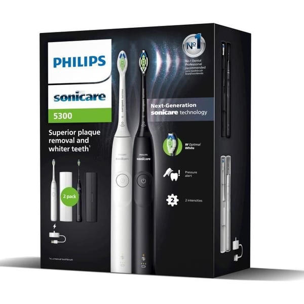 Hammasharja - PHILIPS - HX7109/01 - Sonicare - Kaksinkertainen varsi Malli 5300 - Valkoinen & Musta - Sähkökäyttöinen