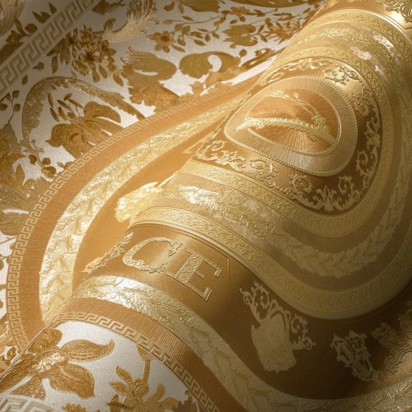 VERSACE TAPET Fleurs Papper tapet av lyx Floral 387054 Guld Vit Designer Spår Cirklar 10,05x0,70m Tillverkat i Tyskland