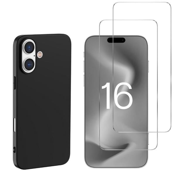 Svart TPU-skal till iPhone 16 och 2 Härdat glas Skärmskydd Phonillico®