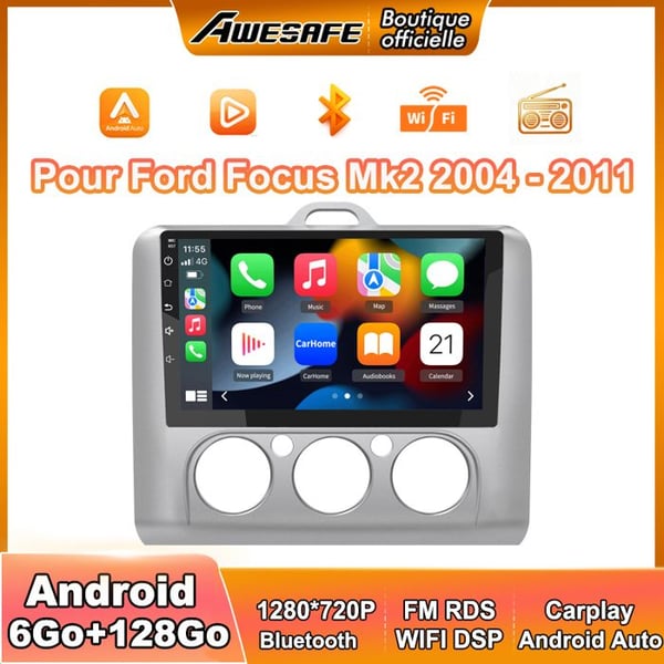 AWESAFE Autoradio Android 13 för Ford Focus Mk2 (2004-2011) 6Go+128Go med 9'' pekskärm Carplay Android Auto GPS Bluetooth FM