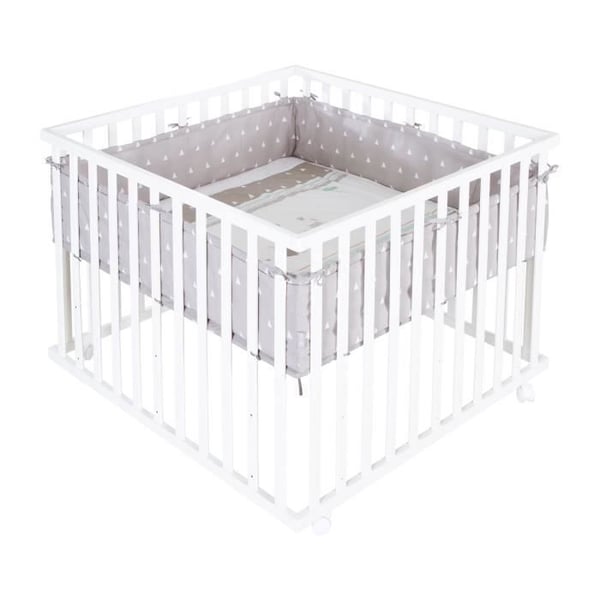 ROBA Spelgård Baby 100 x 100 cm Indibear + Skyddstejp och 4 Hjul - Vit Trä