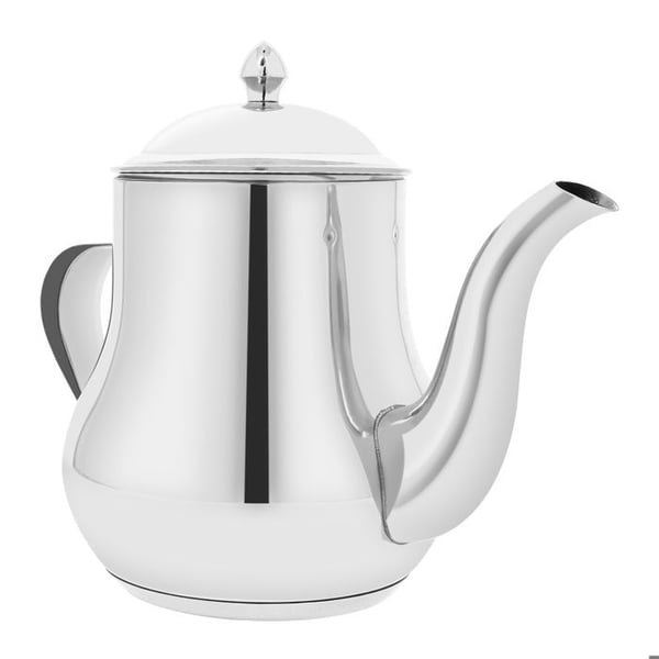 Ståltekanna med kapacitet 1,4L, med hällpip och lock i silverdesign.
