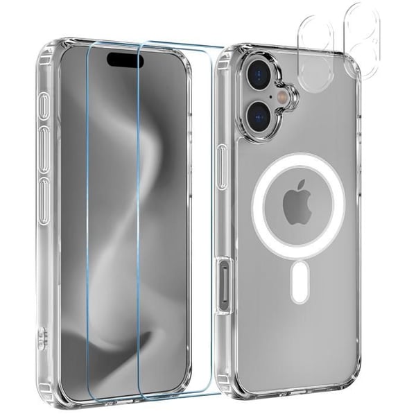 Silikonskal för iPhone 16 och 2 Härdade glas för skärmen samt 2 Kameraskydd - Inbyggd magnetisk ring Phonillico®