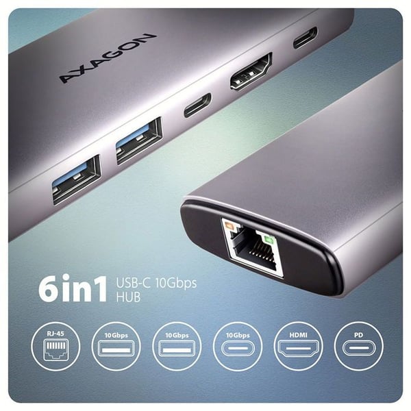 Hub 6-en-1 - AXAGON - HMC-6G2L - USB-C 10Gbps - HDMI 4k/60Hz - PD 100W