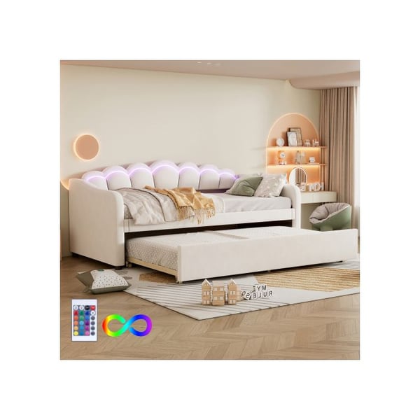 Lit de jour - Daybettt - 90x200 cm - Sengeramme - Flanell og MDF - Justerbar LED