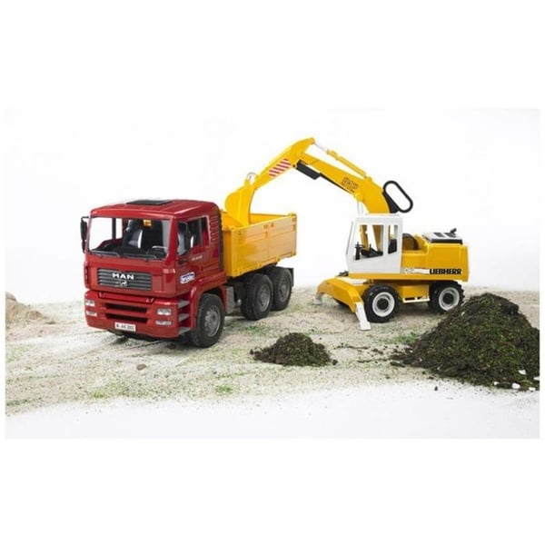 Liebherr gravemaskine - BRUDER - Model 2426 - Ledarm - Stabiliseringsfødder - Gul og sort