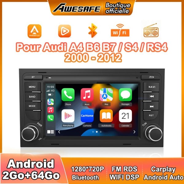AWESAFE Android 13 bilradio för Audi A4 B6 B7/S4/RS4 (2000-2012) 2Go+64Go med 7'' pekskärm med GPS Carplay Android Auto