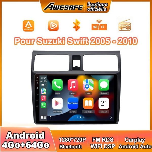 AWESAFE Autoradio Android 13 för Suzuki Swift (2005-2010) 4Go+64Go med 10'' pekskärm Carplay Android Auto GPS Bluetooth
