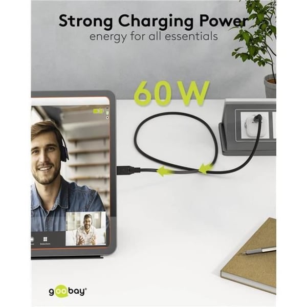 USB-C™-kabel, USB 3.2, 60 W, 5 Gbit/s, 2 m