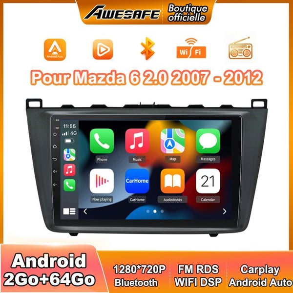 AWESAFE Bilradio Android 13 för Mazda 6 2.0 (2007-2012) 2Go+64Go med 9'' pekskärm Carplay Android Auto GPS Bluetooth