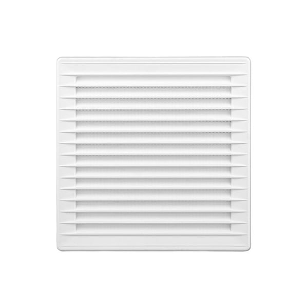 Fyrkantig inbyggd justerbar ventilationsgaller ø 80-150 med myggnät 170x170x11,5mm vit ABS