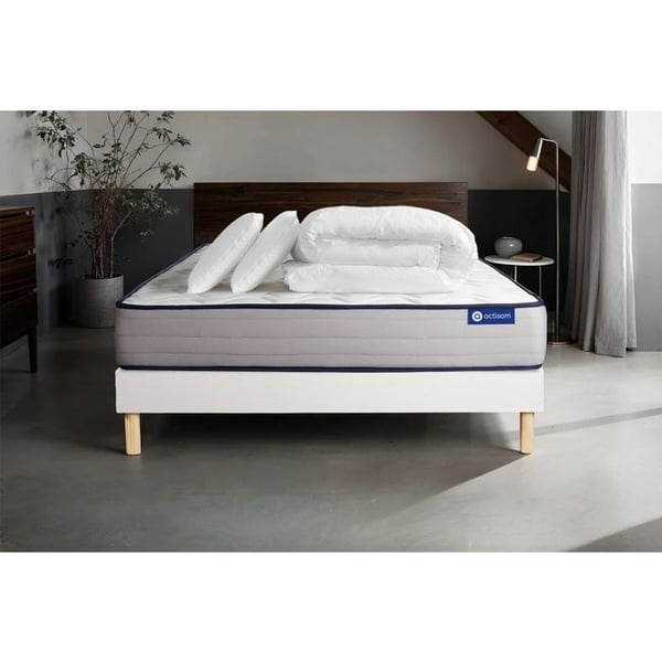 Komplett sängpaket 140x200 cm - Madrass + Sängbotten Vit (i kit) + 2 kuddar + Täcke - Actiflex Fo