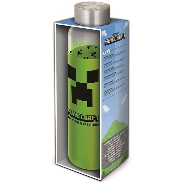STOR Minecraft glasflaska med återanvändbar silikonhylsa 585 ml